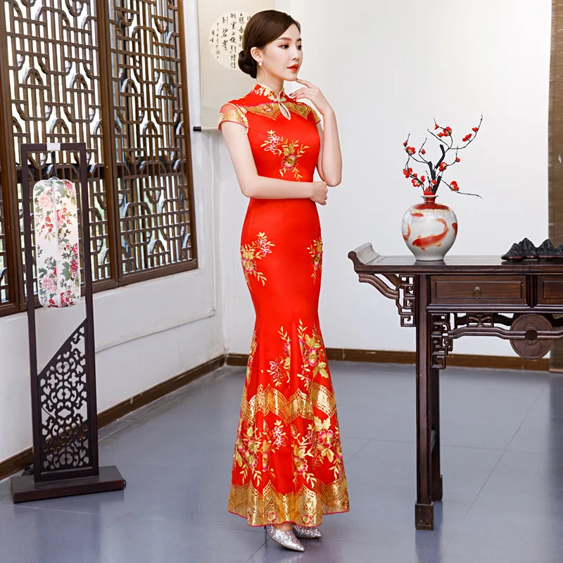 Красный вышивка Cheongsam Сексуальные платья Qipao длинный китайский традиционный свадебный платье восточные Свадебные платья с коротким рукавом QLX