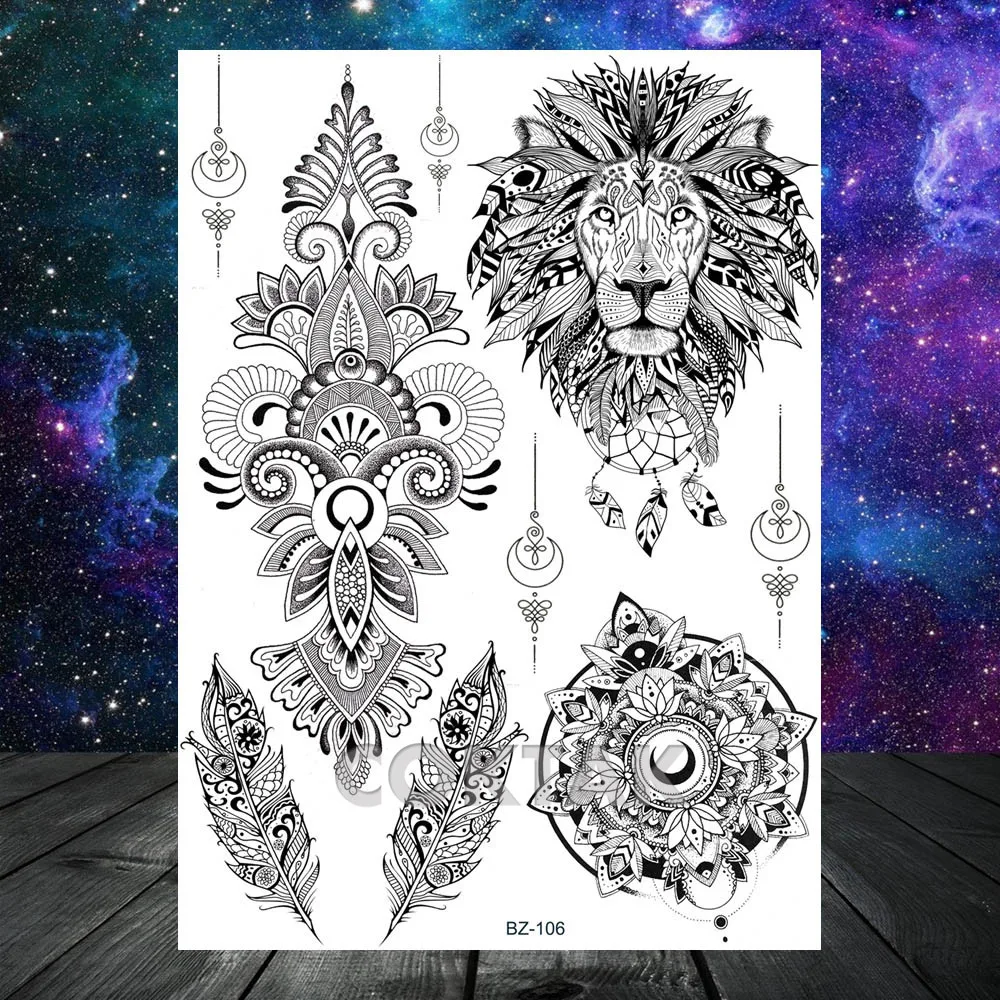 India Henna Mandala Flower Black Custom Lion Temporary Tattoo Stickers Totem Feather Women Fake Tatoos Lace Girls Body Arm Tato