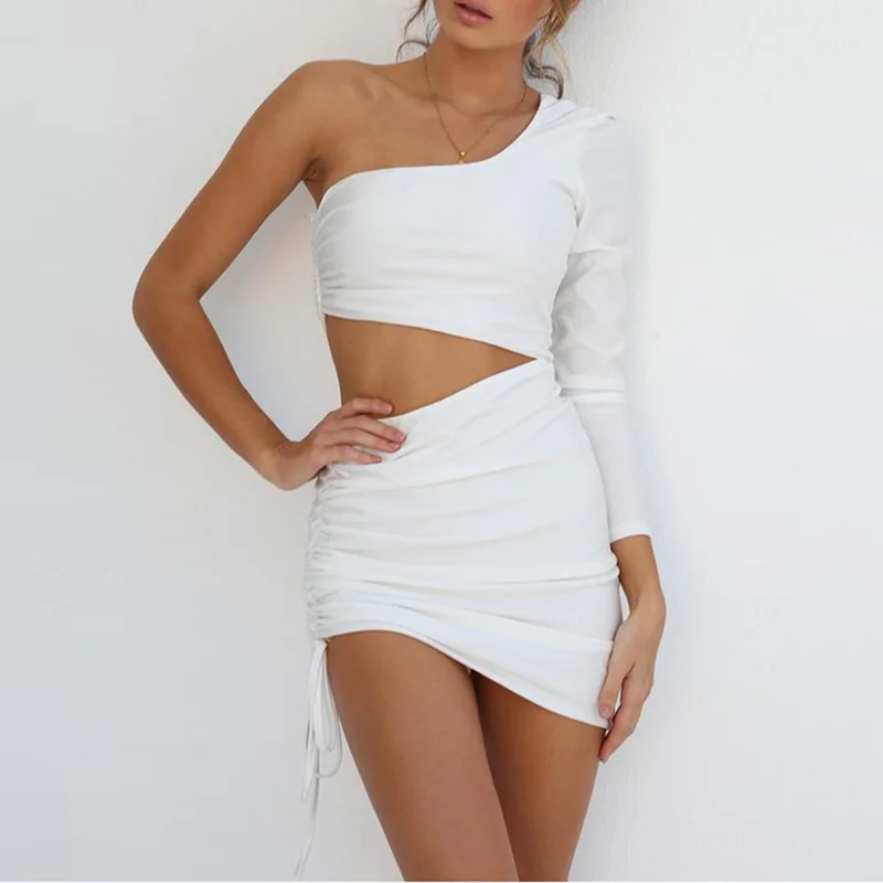 

LOGAMI Long Sleeve One Shoulder Bodycon Dress Sexy Mini Party Dresses Women Summer Autumn Dress