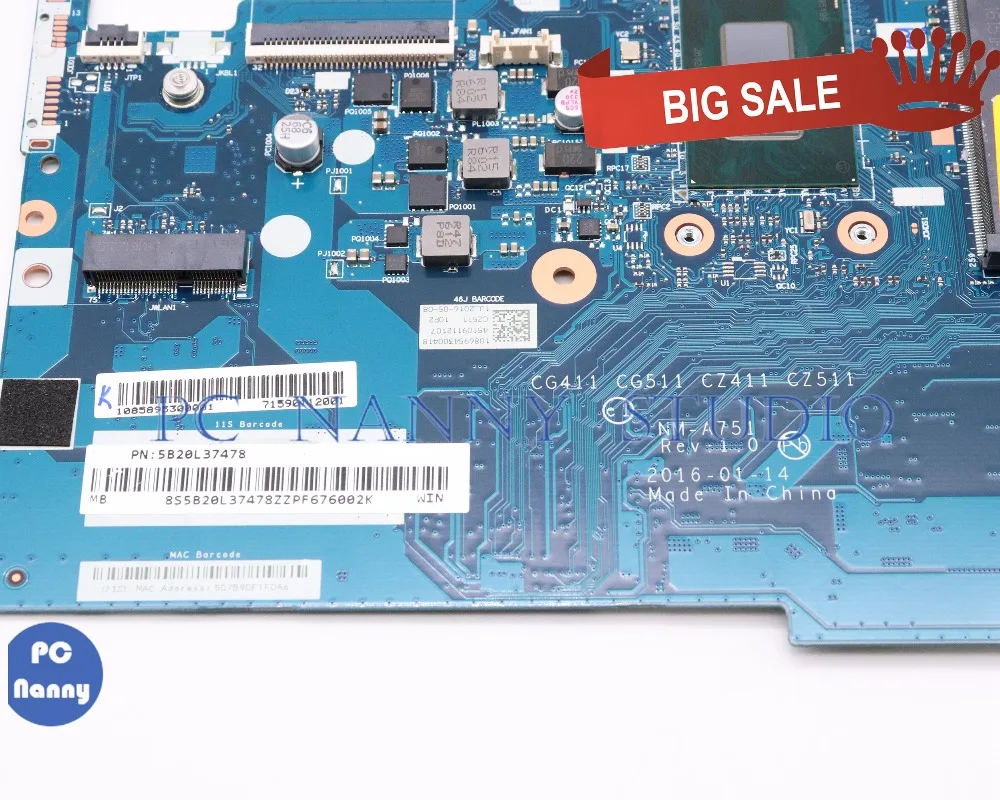  PCNANNY NM-A751 5B20L37478 For lenovo 310-15ISK 510-15ISK Laptop Motherboard SR2EZ I7-6500U 4GB DDR