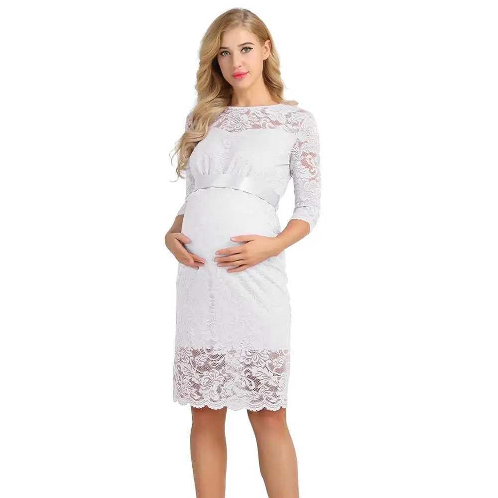 Womens Maternity Elegant Floral Lace Overlay Half Sleeve Vestidos Parties Pregnant Maternity Dresses for Photo Shoot Dress - Цвет: Белый