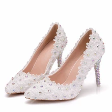 9CM Crystal Heels Pointed Toe High Heels Pumps White Lace Bridal Wedding Shoes Pearls Party Evening Shoes Big Size XY-A0203 9CM Crystal Heels Pointed Toe High Heels Pumps White Lace Bridal Wedding Shoes Pearls Party Evening Shoes Big Size XY-A0203
