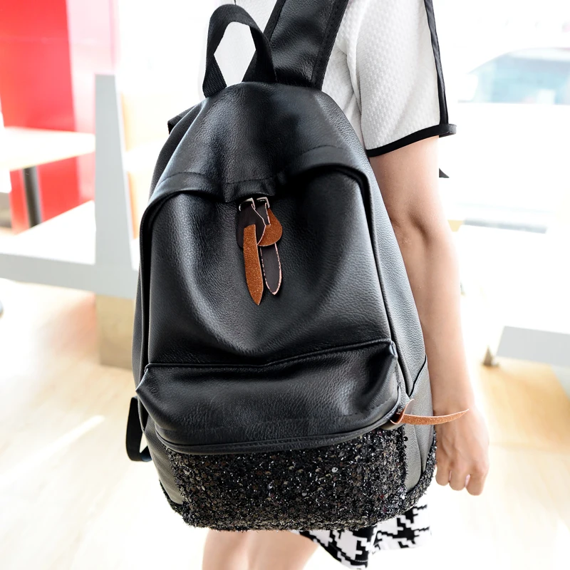 Women's PU leather backpack Black Shoulder School Bags For Teenagers