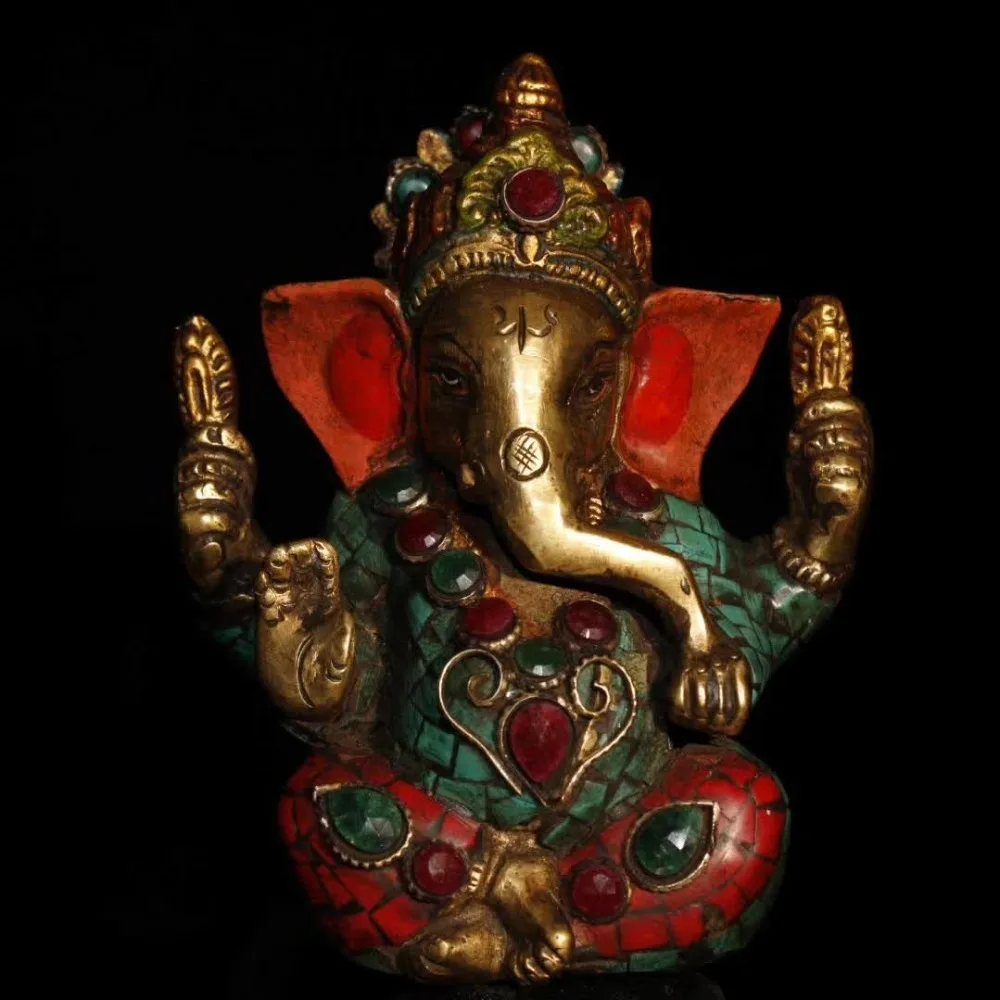

Christmas Nepal Pure Copper Buddhism Encrusted with Turquoise God of Wealth as the Ganesh Sculpture Halloween