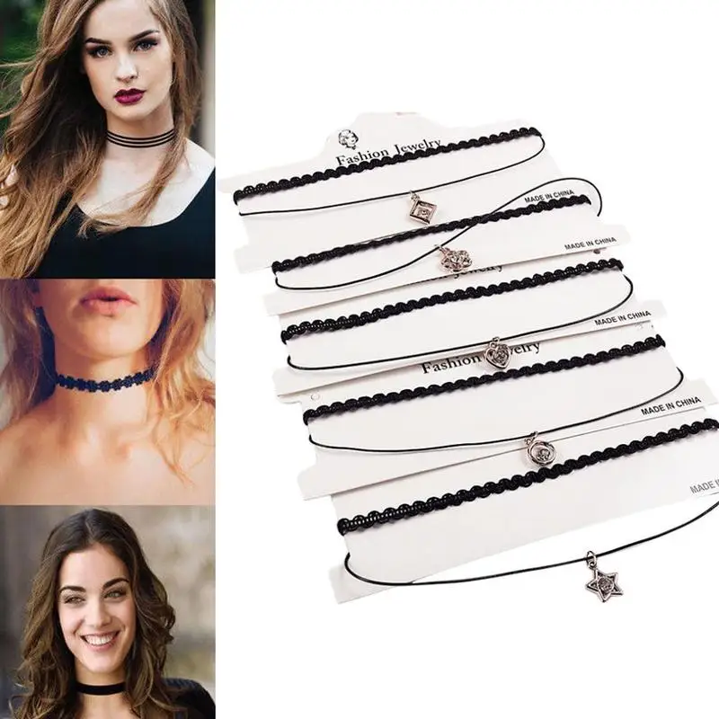 

5pcs Neck Jewelry Neck Chain Lace Black Choker Necklace Collar Short Clavicle Chain Female Velvet Necklace Children Women Gift