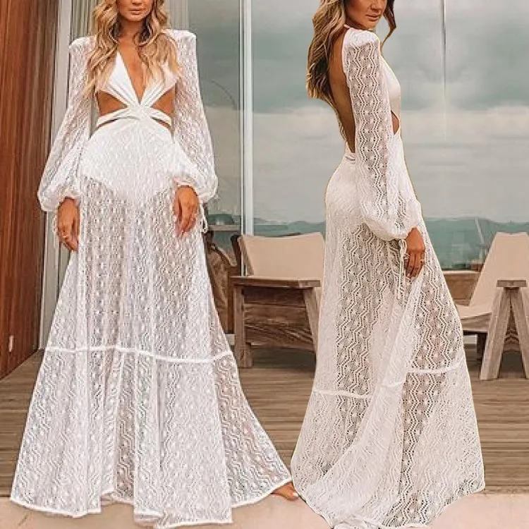 

2019 Sexy Deep V Neck Lace Long Dress Women Summer Long Sleeve A-Line Evening Party Dress Hollow Out Beach Dresses