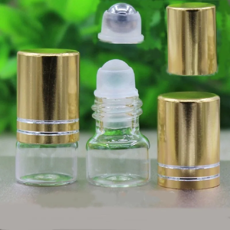 1ml Glass Roll on Bottle Clear Glass Roller Bottles Mini Perfume Test Vial Metal Bead Glass Roller Gold Cap Essential Oil Bottle