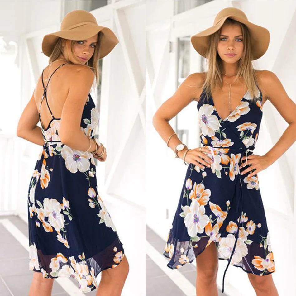 

Women Summer Dress Vintage Sexy Bohemian Floral Sexy V neck Beach Dress Female Midi Dress Shoulder Spaghetti Strap Print Dress