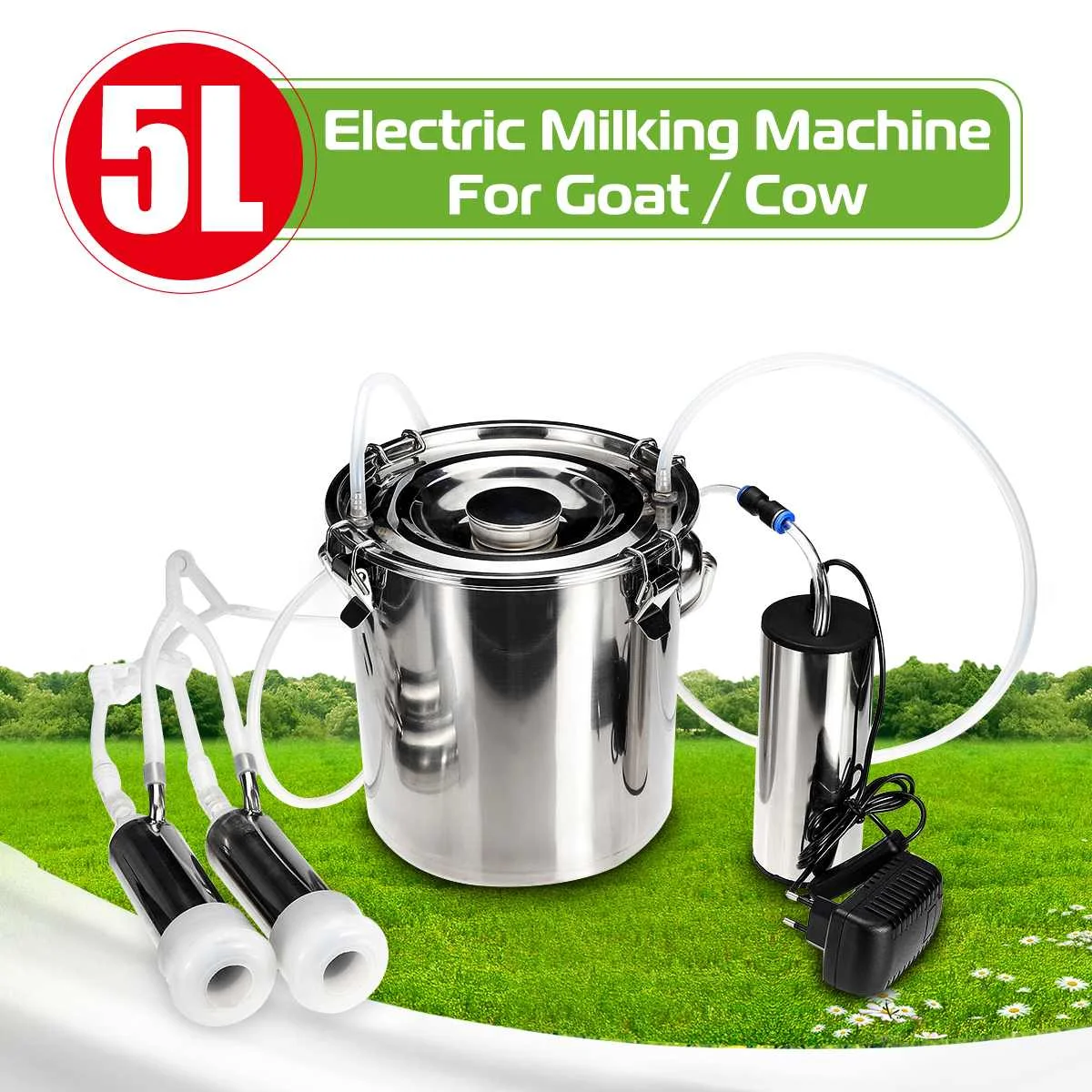 

5L Upgraded Version Electric Cow Goat Sheep Milking Machine Vacuum Pump Stainless Steel Bucket Dual Heads 110V~240V