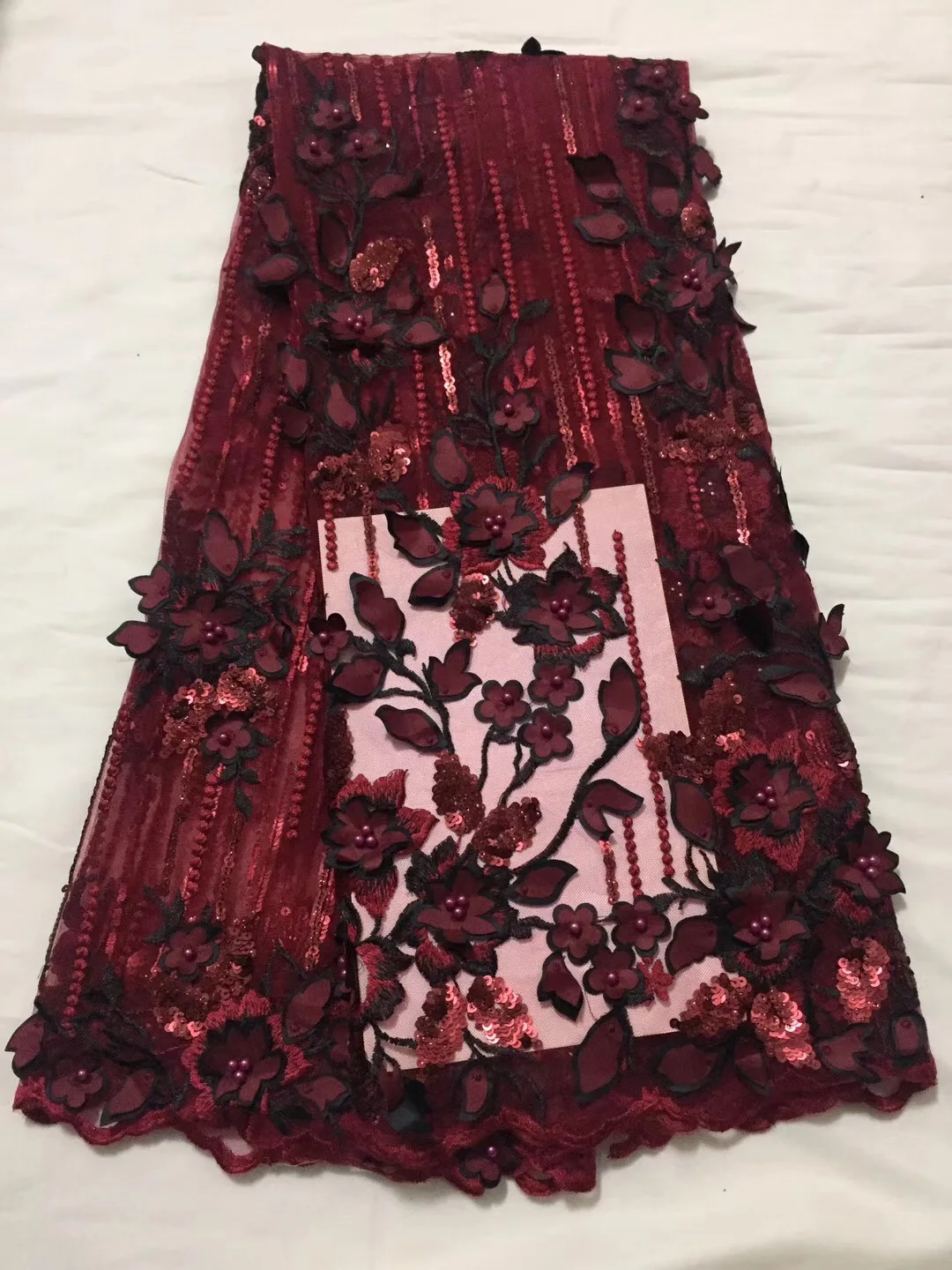 

Best-selling Burgundy Tulle Lace Fabric, High Quality African Lace Fabric With Sequins, Bridal Mesh Lace CD2886