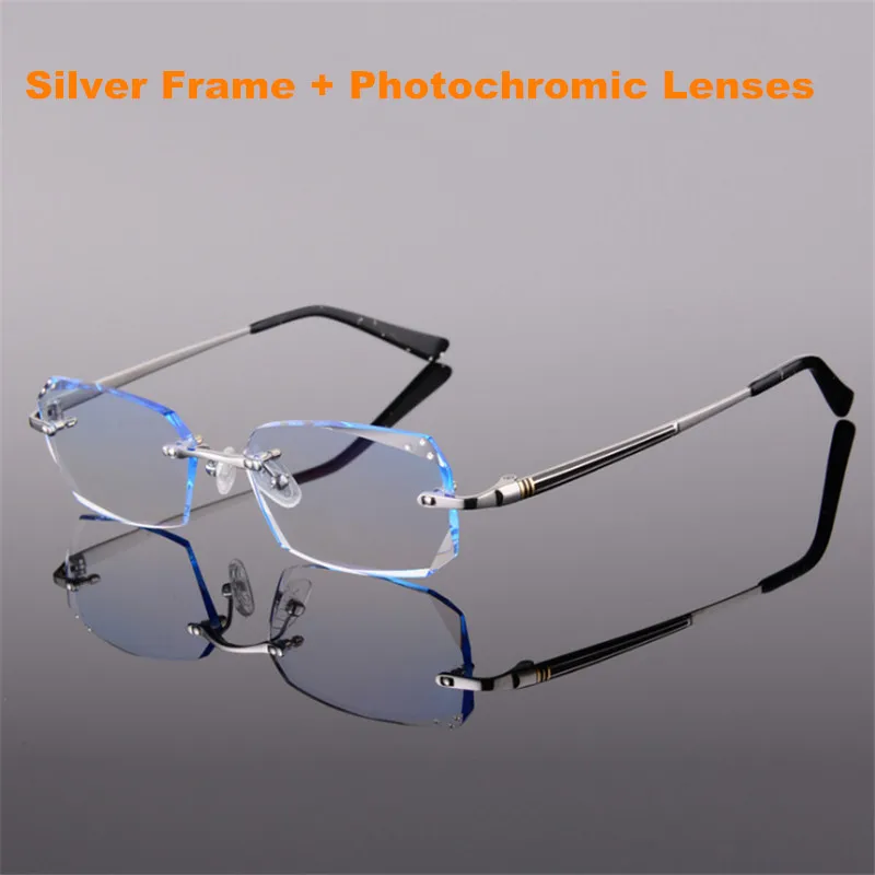 Титановые очки мужские без оправы по рецепту для чтения близорукость фотохромные бифокальные очки большие широкие очки с цветными линзами 2851 - Цвет оправы: Silver Photochromic
