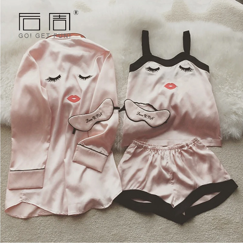 

Pajama Sets 4 Pieces Pajamas for Women Sleepwear Female Satin Pijama 2019 New Fashion Pyjamas Women Silk Elegant Sleep & Lounge
