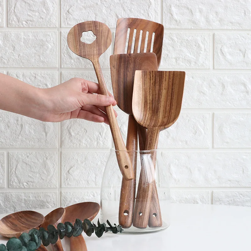 

12 Shape Natural Wood Spoon Ladle Long Rice Soup Cooking Spoons Stirring Spoon Solid Wood Dessert Spoon