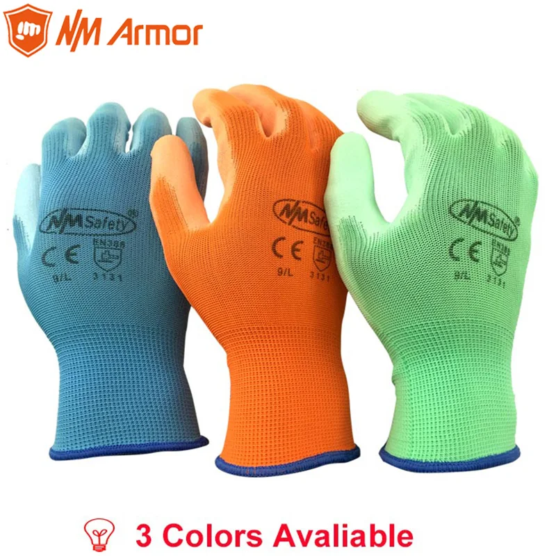 

12 Pairs Colorful Gardening Safety Gloves White PU Polyurethane Palm Dipped Work Glove.