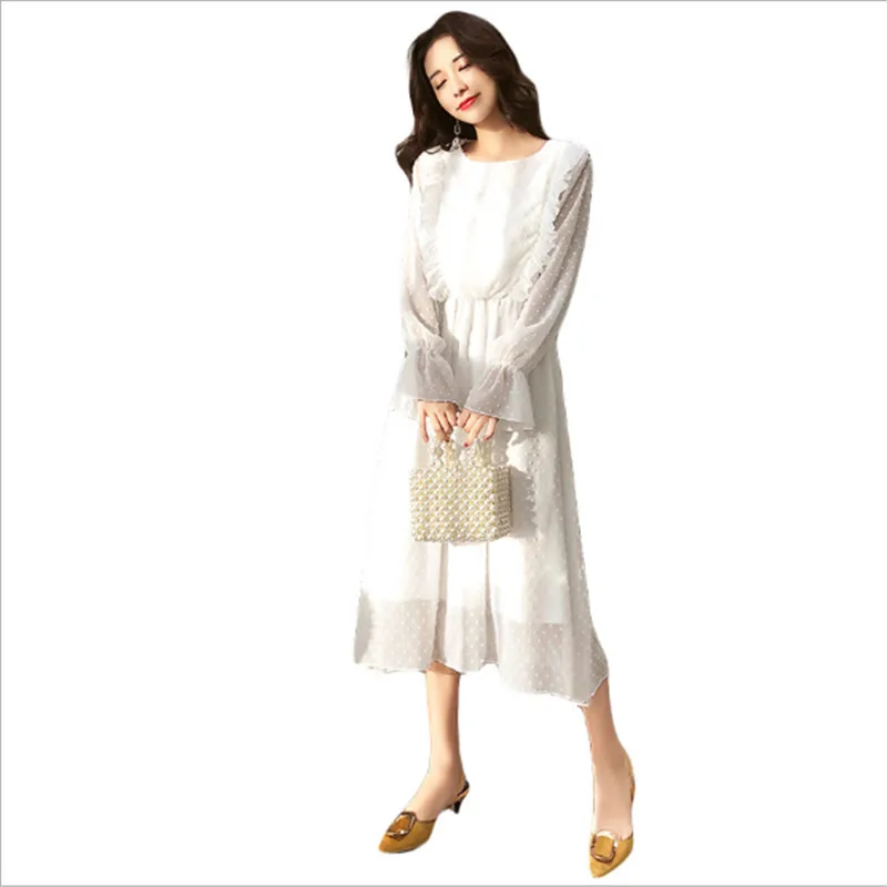 

Ruffles Polka Dot Women Chiffon Dress Elastic Waist Flare Sleeve Female Long Vestidos Retro A-line Women Dress 2019 New