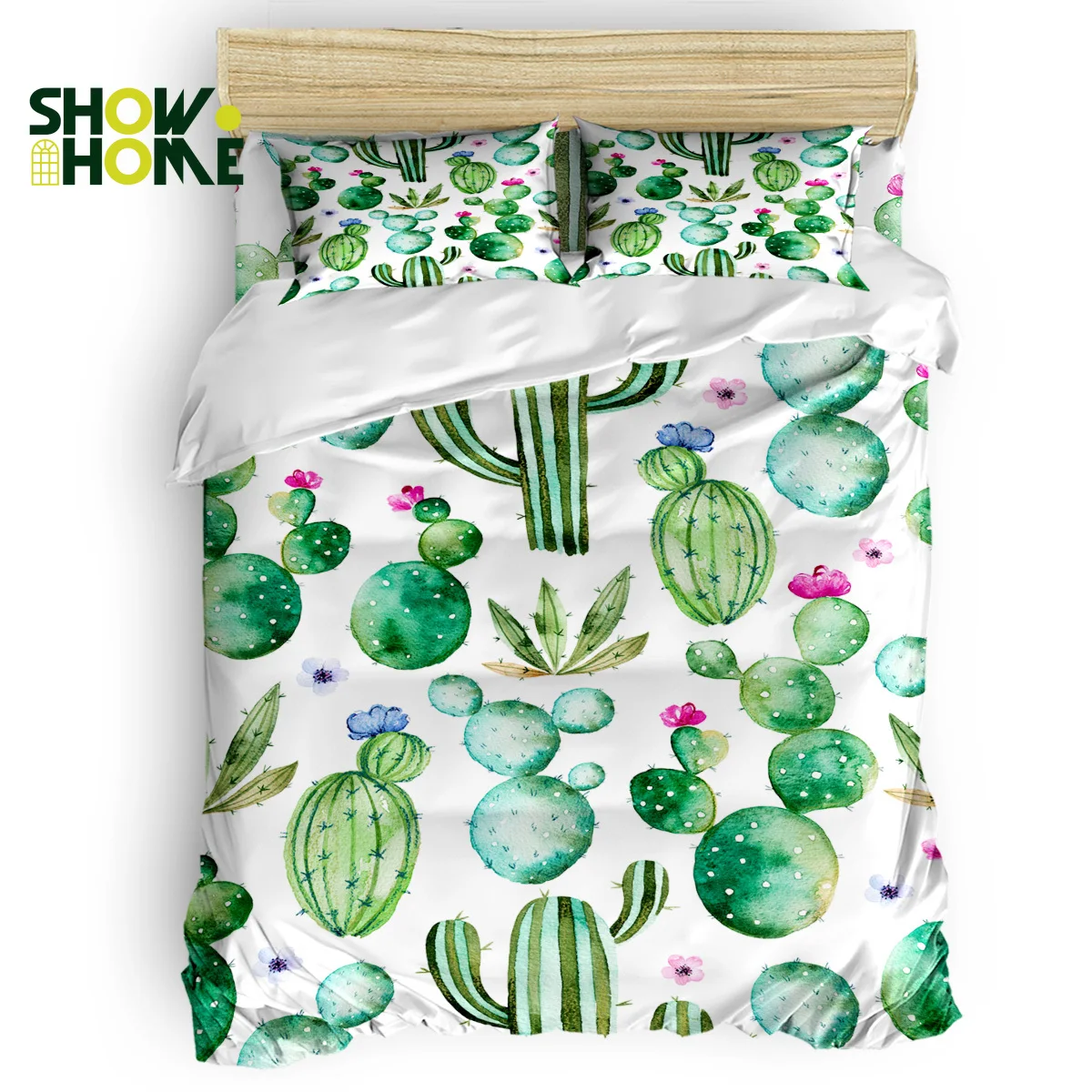 

SHOWHOME Duvet Cover Set Watercolor Cactus Flower Plant Decoration Duvet Cover 4 Piece Bedding Set
