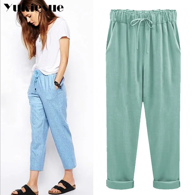 Harem pants capris women 2018 summer style high waist loose candy color cotton linen pants female trousers Plus size M-6XL