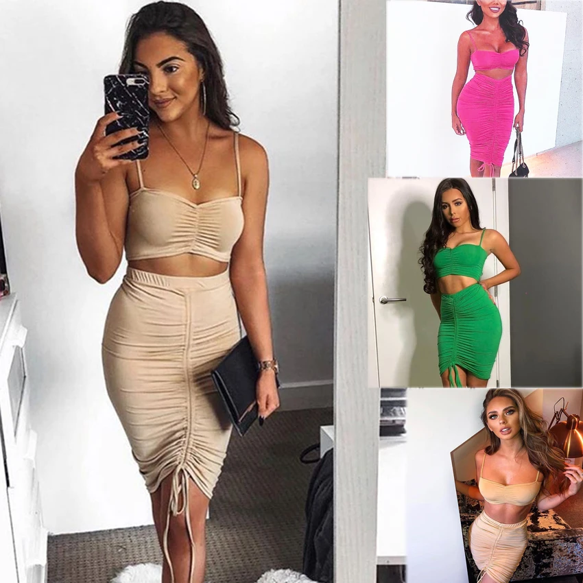 

Sexy Club Party 2 Piece Crop Top Skirt Set Summer Pink Outfits for Women Strapless Co-ord Matching Sets 2019 Festival Clothing