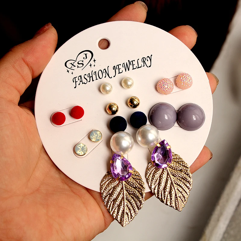 

New fashion women jewelry wholesale girls birthday party pink stud Red gray gold mashup 9 pairs /set earrings gift free shipping
