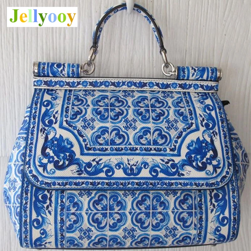 Sicily Bag Blue and White Porcelain Pattern Print Women Tote Bag Ethnic Genuine Leather Handbag Antique Ancient Art Shoulder Bag