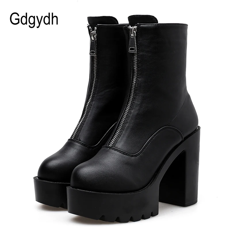 

Gdgydh Fashion Zipper Motorcycle Boots Women Leather Platform Shoes Woman Square Heels Ankle Boots High Heels Drop Shipping