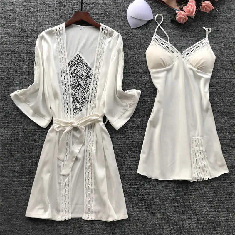 Women Robe& Gown Long Sleeve Ladies Nightwear Sets Sexy Lace Sleep Lounge Pijama Bathrobe Night Dress With Chest Pads - Цвет: White