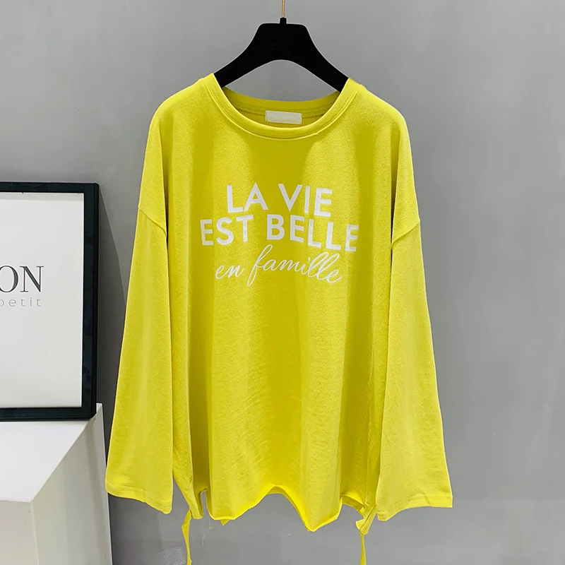 

Tshirt Women Cotton Casual Knitted Full Sleeve Long Cloth Letter Printed O-neck Fashion Loose Spring