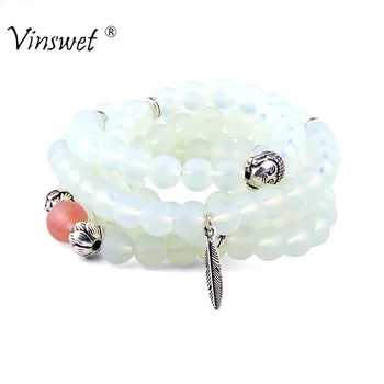 

108 Mala Wihite Chalcedony with Leaf Buddha Charm Yoga Bracelet or Necklace Natural Stone Jewelry Dropshipping
