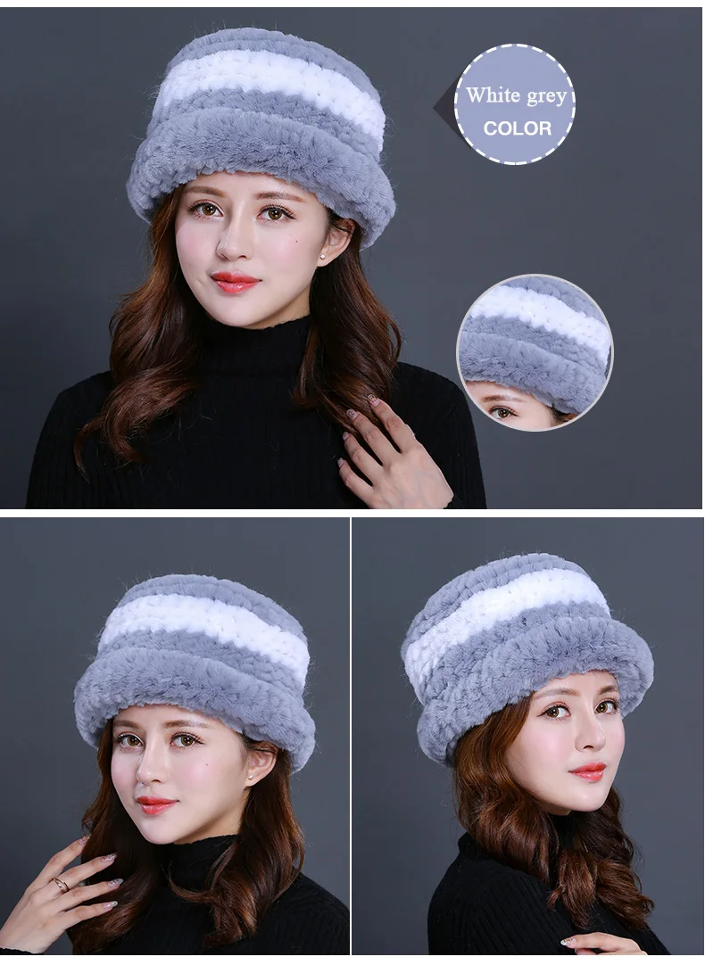 Luxury Natural Fur hats Fur Bucket Hat Russian Real Rex Rabbit Fur Hat Female Solid Women's Winter Cap Ladies (19)