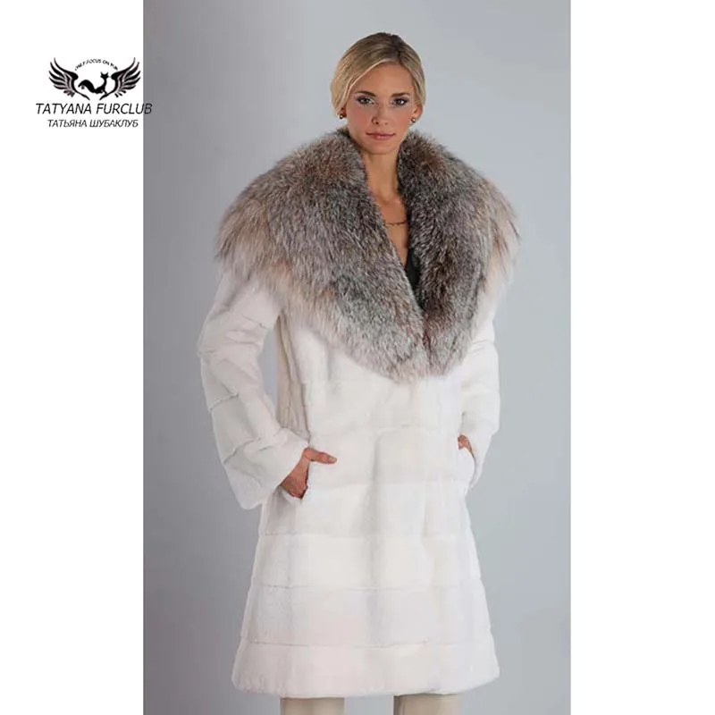 Tatyana White Fur Coat With Big Fox Fur Collar Slim Mink Fur