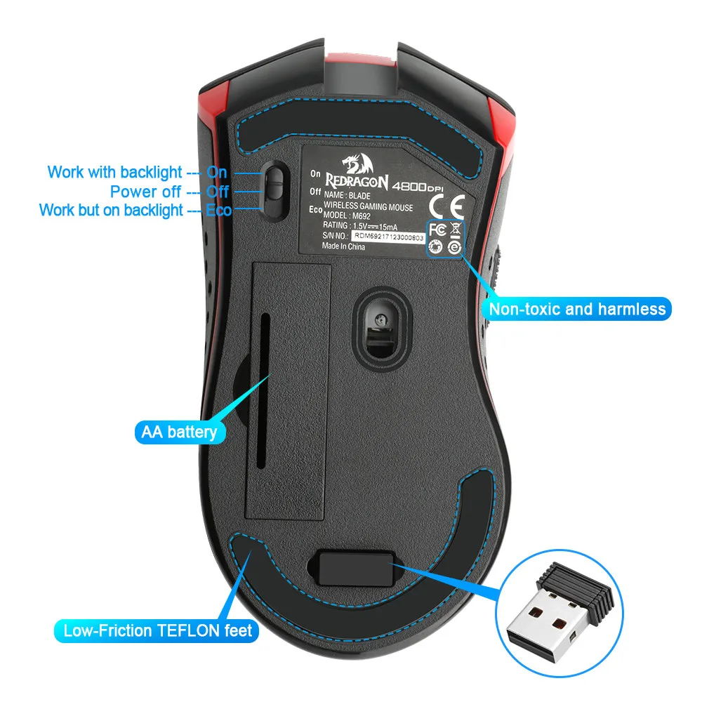 Redragon M692 9 кнопок USB игровая беспроводная мышь 4800 точек/дюйм эргономичная для