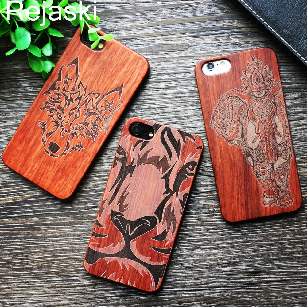 

26 Style Wolf Totem Elephant Ganesha Carving Retro Bamboo Wood Phone Case Cover For Iphone 6 6S 8 Plus 7 7Plus X Tiger Skull