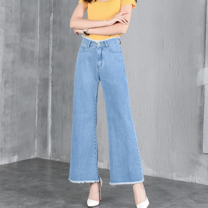 6828 2018 Лето широкие брюки джинсы женские модные прямые свободные с высокой талией по щиколотку Большие размеры джинсы женские s