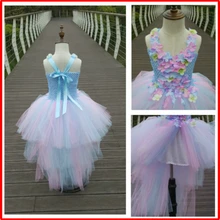 Детское розовое и голубое платье с цветочным узором для девочек, с шлейфом, Тюлевое платье с цветочным узором для маленьких девочек на свадьбу Пышное Платье для дня рождения, вечернее платье