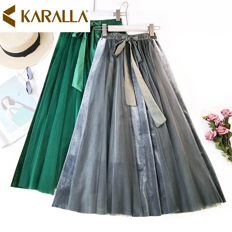 Корейская бархатная юбка с завышенной талией Новая женская юбка с бантом и эластичной талией, однотонная сетчатая юбка C871