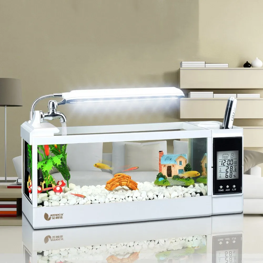 USB 220 В мини аквариумный аквариум с светодиодный светильник ЖК-дисплей экран и часы аквариум Настольный аквариумный аквариум