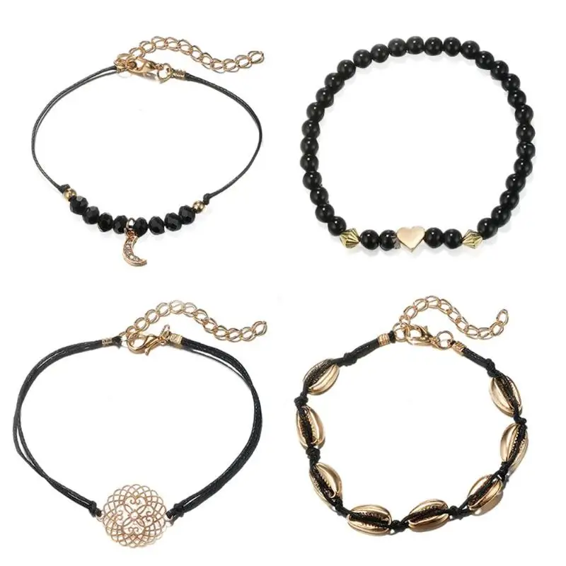 

4pcs/set Bracelet Women Hollow Flower Bead Chain Moon Shell Pendant Jewelry