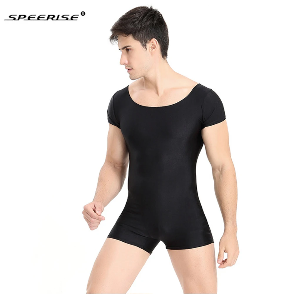 SPEERISE Men One Piece Basic Unitard Adult Ballet Short Sleeve Scoop