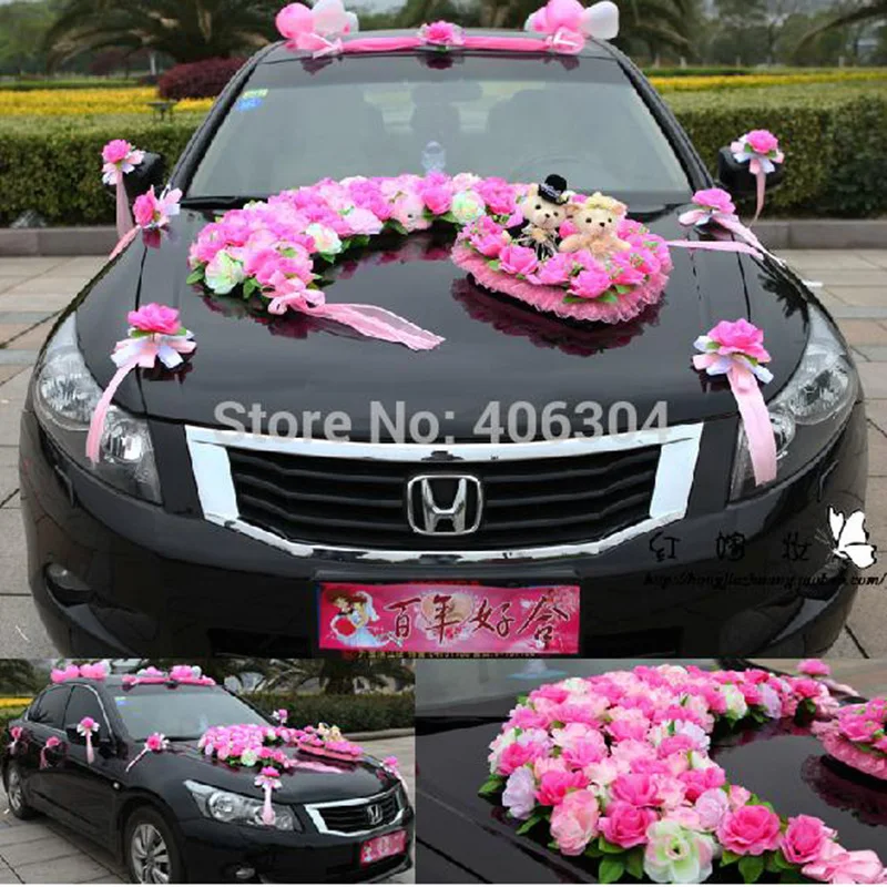 

Artificial flowers,1 set/lot,wedding car decoration set, RED,pink, moon style wedding car flower decoration with bear