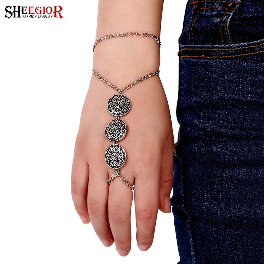 Sheegior серебряный цвет цепи Браслеты для женщин богемского Круглый браслет Мужчины Мода палец прекрасные ювелирные изделия Bijoux