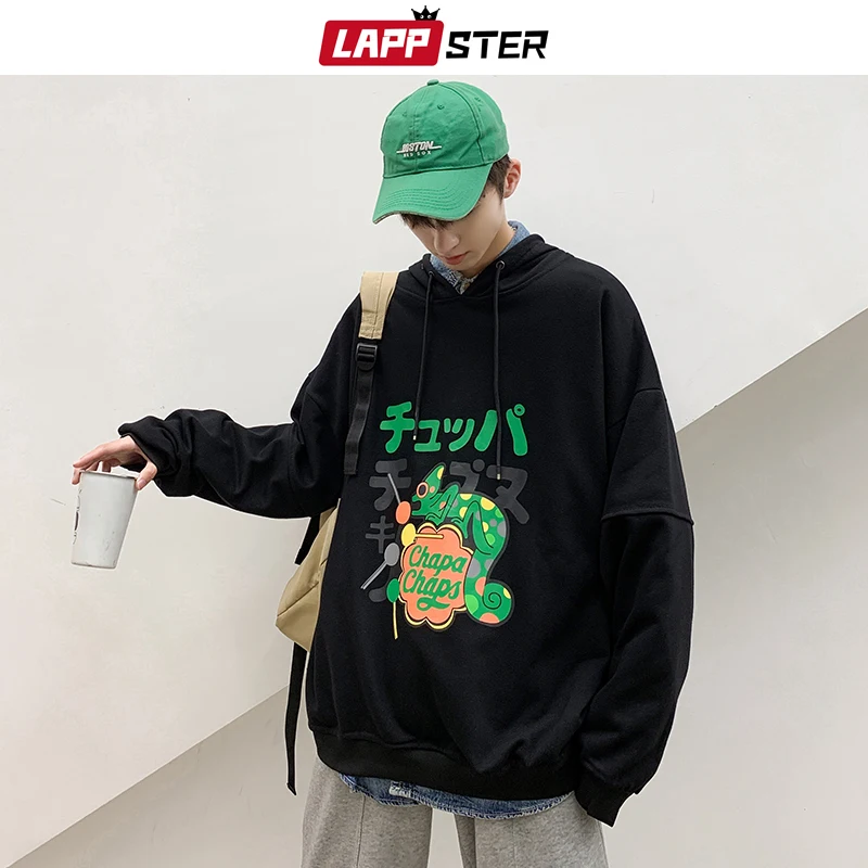 LAPPSTER Men Korean Fashions Streetwear Sweatshirts 2020 Mens Oversized Hip Hop Hooded Hoodies Harajuku Sweatshirt Black Hoodie