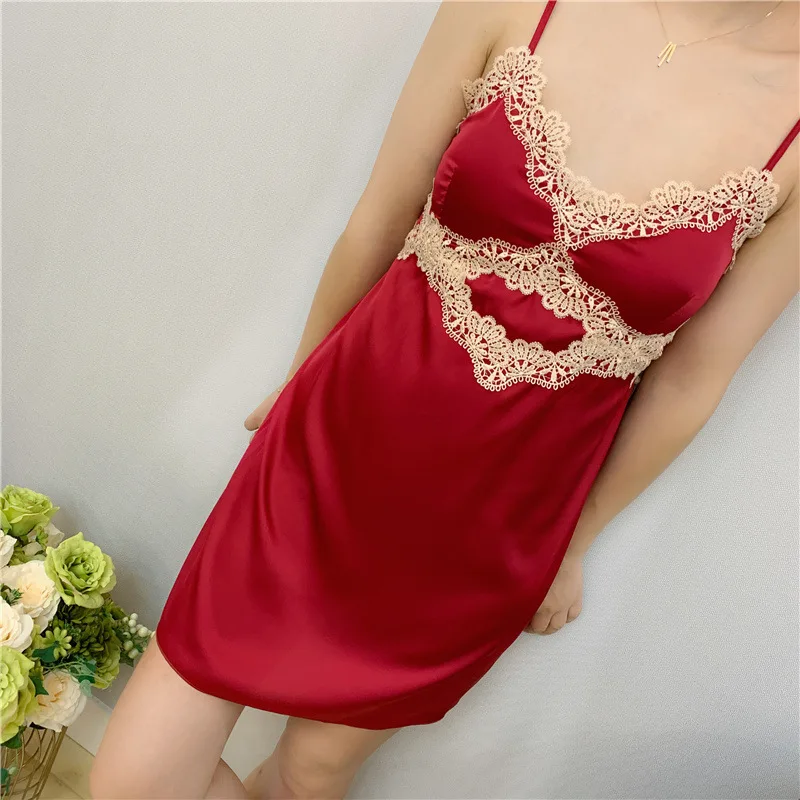 

2019 Women V-Neck Nightgowns Ladies Sleepshirts Nightshirts Silk Sleepwear Satin Sexy Spaghetti Strap Nightdress Lace Nightwear