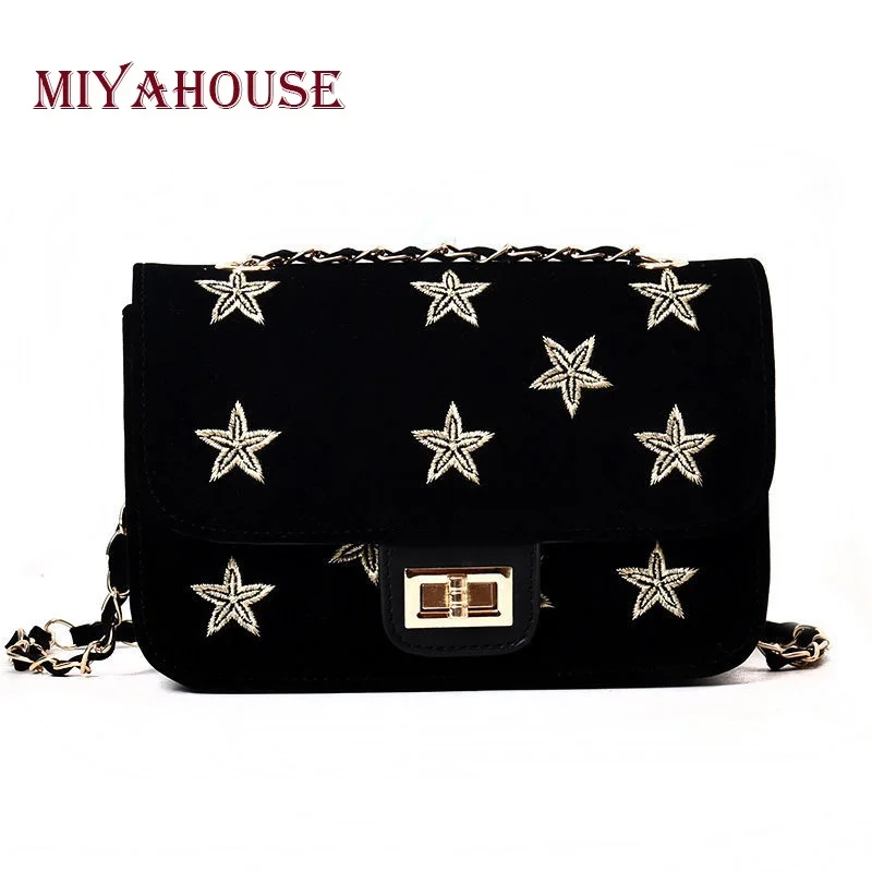 

Miyahouse Fashion Gold Stars Embroidery Design Flap Shoulder Bag Women Scrub Leather Crossbody Bag With Chain Female