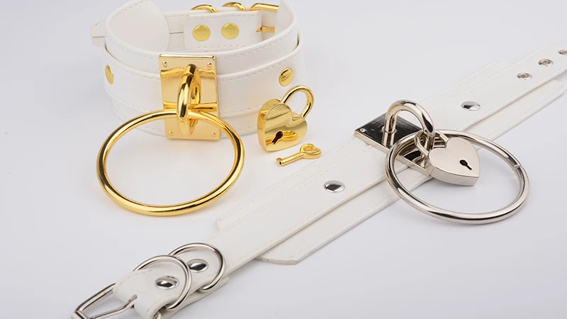 New Girly White Leather Punk Necklace BDSM Submissive Heart Padlock Choker With 60mm O-Round Kawaii Locking Gothic Day Collar 8