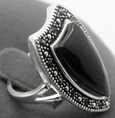 Кольцо из серебра 925 пробы 14*26 мм с NANTURAL BLACK AGATE MARCASITE Размер 7/8/9/10 | Украшения и