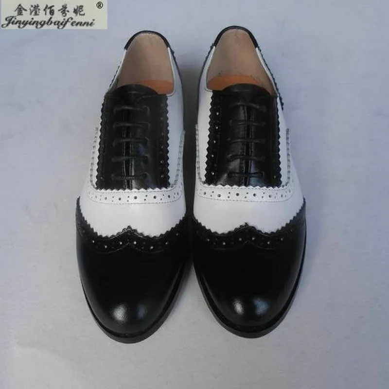 Черные и белые женские кожаные туфли винтажные туфли на плоской подошве из натуральной кожи размера плюс женские оксфорды ручной работы zapatillas