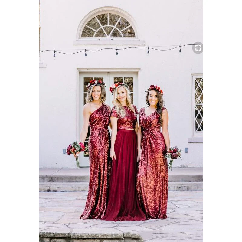 

2019 Burgundy Sequined Mermaid Bridesmaid Dresses For Weddings Crew Neck Backless Cap Sleeves Long Arabic Maid of Honor Wedding