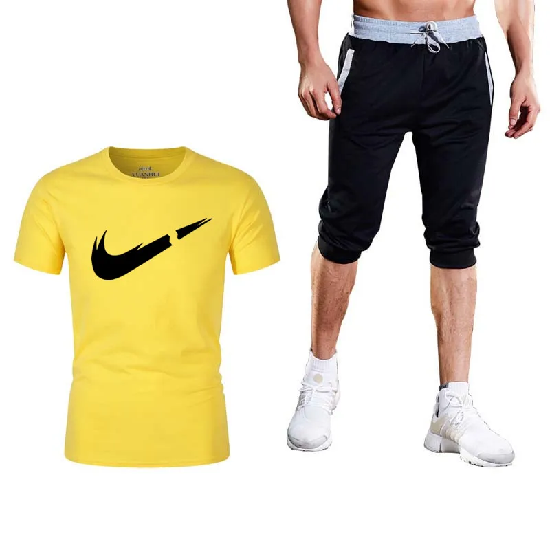 Новинка 2019, брендовый спортивный костюм, модная мужская спортивная одежда, комплект из двух предметов, хлопковая плотная футболка + шорты