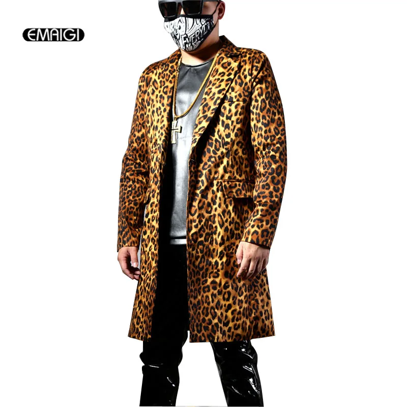 Мужская модная повседневная леопардовая приталенная длинная куртка-Тренч Костюм Пальто Мужской танцор певец хип-хоп костюм сценическая одежда