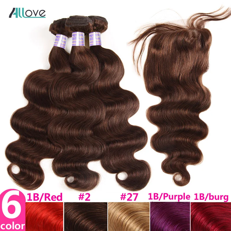 

Allove Dark Brown Bundles with Closure Ombre Body Wave Bundles with Closure Non Remy Peruvian Human Hair Bundles with Closure